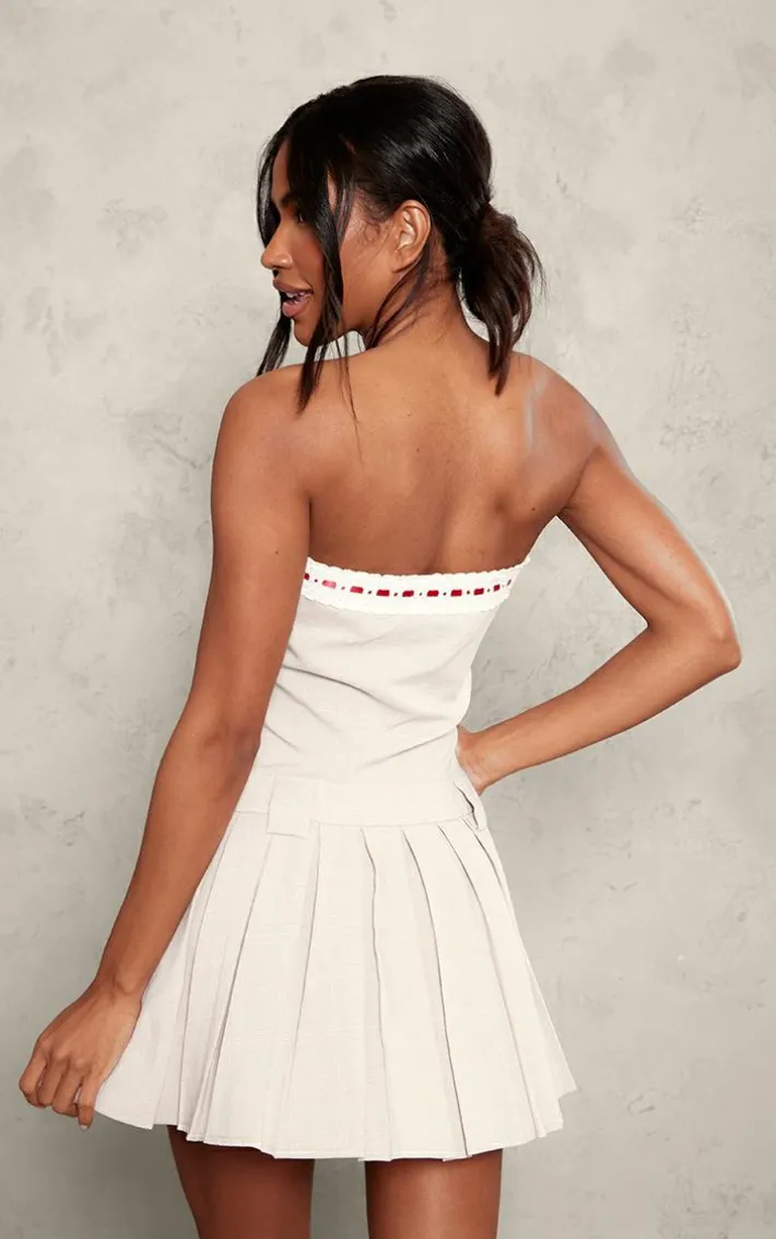 Brown Woven Check Contrast Ribbon Pleated Shift Dress