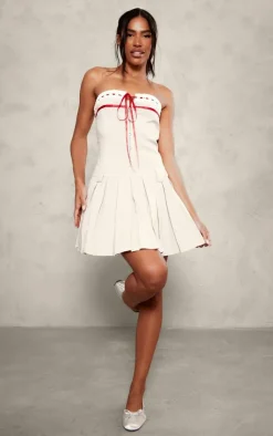 Brown Woven Check Contrast Ribbon Pleated Shift Dress