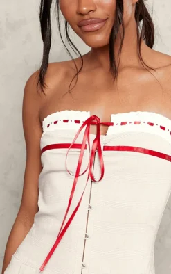 Brown Woven Check Contrast Ribbon Pleated Shift Dress