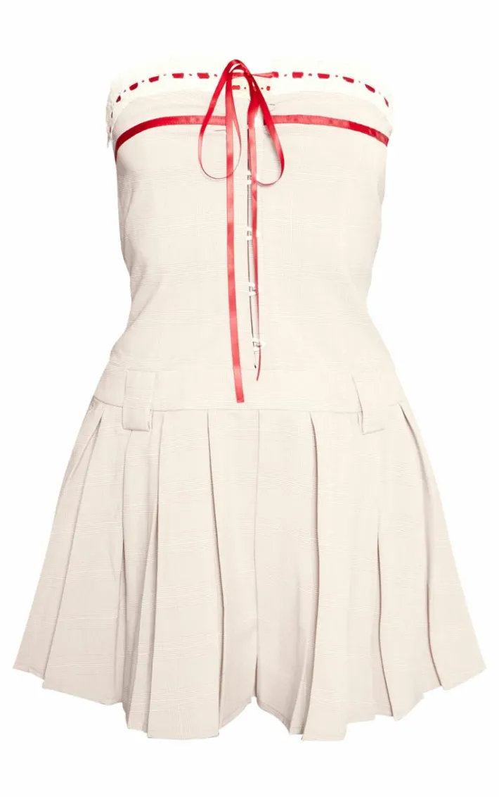 Brown Woven Check Contrast Ribbon Pleated Shift Dress