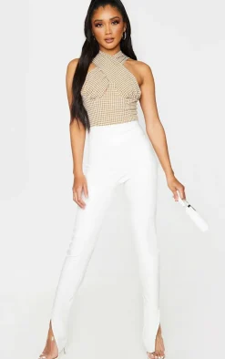 Brown Woven Check Print Underbust Halterneck Cross Over Zip Corset