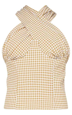 Brown Woven Check Print Underbust Halterneck Cross Over Zip Corset