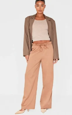 Brown Woven Drawstring Waistband Straight Leg Pants