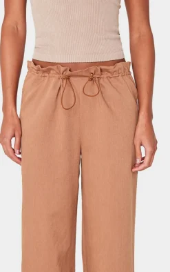 Brown Woven Drawstring Waistband Straight Leg Pants