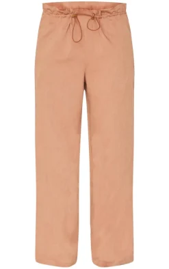 Brown Woven Drawstring Waistband Straight Leg Pants