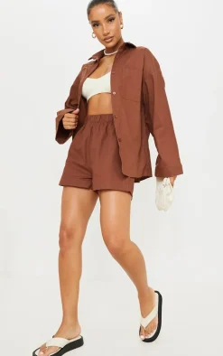 Brown Woven Elastic Waist Floaty Shorts