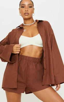 Brown Woven Elastic Waist Floaty Shorts