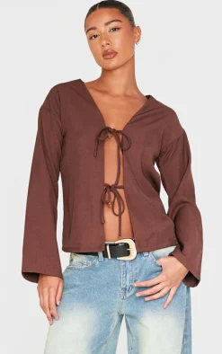 Brown Woven Tie Front Flared Sleeve Shirt