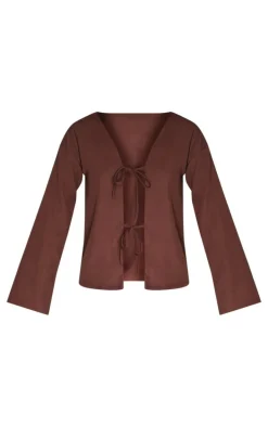 Brown Woven Tie Front Flared Sleeve Shirt