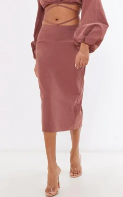 Brown Woven Tie Waist Midi Skirt