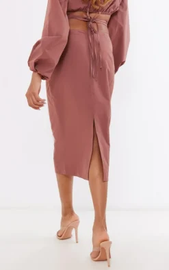 Brown Woven Tie Waist Midi Skirt