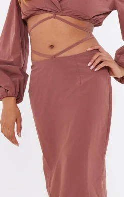 Brown Woven Tie Waist Midi Skirt