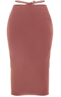 Brown Woven Tie Waist Midi Skirt