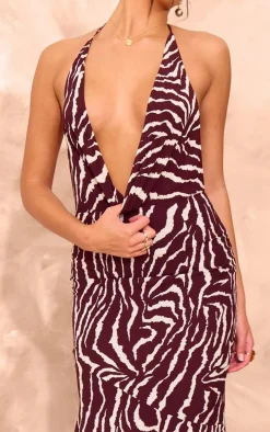 Brown Zebra Print Open Back Halter Neck Maxi Dress