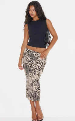 Brown Zebra Print Plisse Printed Midi Skirt