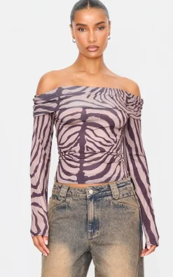 Brown Zebra Print Slinky Bardot Long Sleeve Long Top