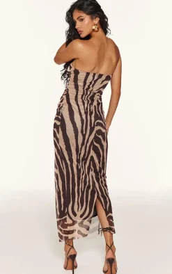 Brown Zebra Printed Bandeau Cut Out Midaxi Dress