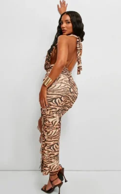Brown Zebra Printed Mesh Halter Neck Midaxi Dress