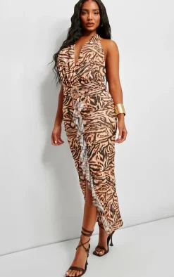 Brown Zebra Printed Mesh Halter Neck Midaxi Dress