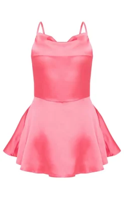 Bubblegum Pink Satin Cowl Neck Lace Up Back Skort Romper