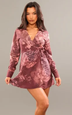Burgundy Blurred Floral Print Wrap Tie Bodycon Dress