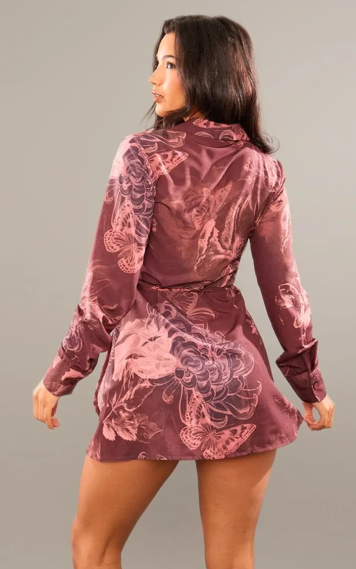 Burgundy Blurred Floral Print Wrap Tie Bodycon Dress
