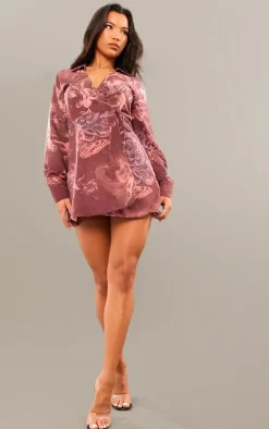 Burgundy Blurred Floral Print Wrap Tie Bodycon Dress