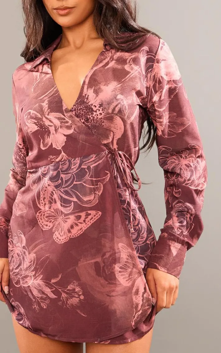 Burgundy Blurred Floral Print Wrap Tie Bodycon Dress