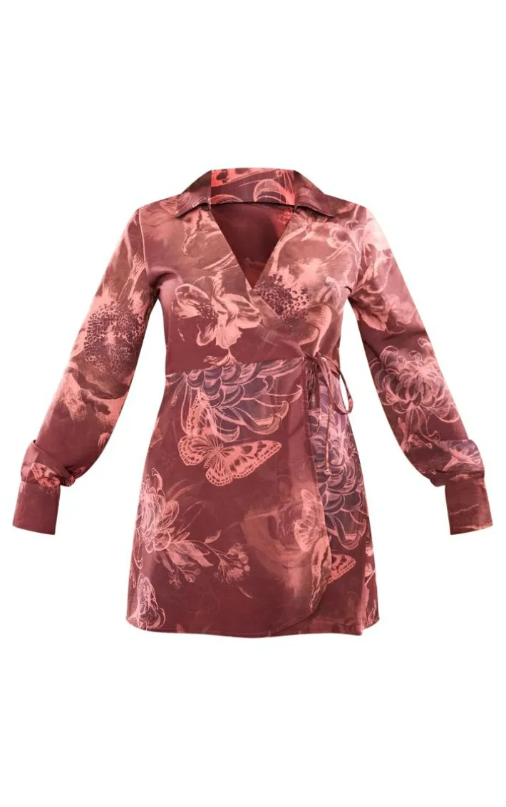 Burgundy Blurred Floral Print Wrap Tie Bodycon Dress