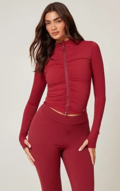 Burgundy Brushed Sculpt Ruched Front Zip Up Sport Jacket