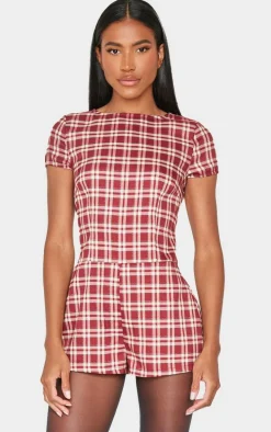Burgundy Check Print Boat Neck Unitard