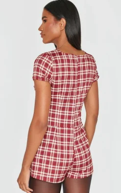 Burgundy Check Print Boat Neck Unitard