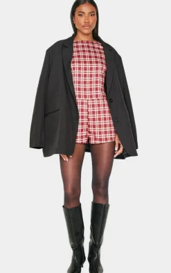 Burgundy Check Print Boat Neck Unitard