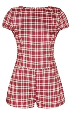 Burgundy Check Print Boat Neck Unitard