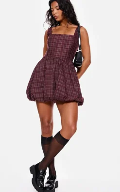 Burgundy Check Puffball Dress