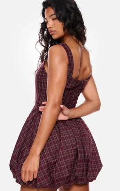 Burgundy Check Puffball Dress