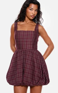 Burgundy Check Puffball Dress