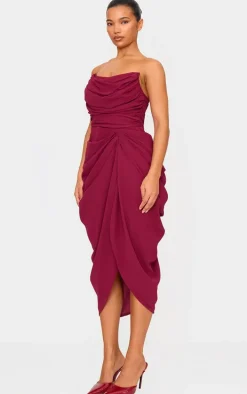 Burgundy Chiffon Corset Bandeau Draped Midi Dress