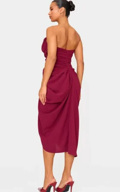 Burgundy Chiffon Corset Bandeau Draped Midi Dress