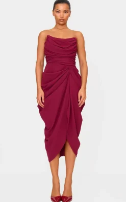 Burgundy Chiffon Corset Bandeau Draped Midi Dress