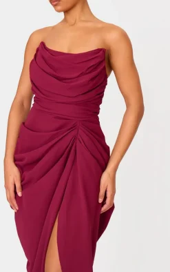 Burgundy Chiffon Corset Bandeau Draped Midi Dress
