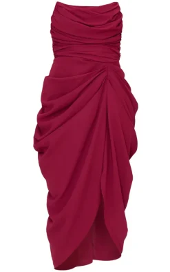 Burgundy Chiffon Corset Bandeau Draped Midi Dress