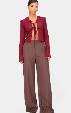 Burgundy Chiffon Ruffle Fitted Tie Front Blouse