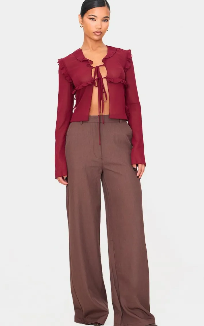 Burgundy Chiffon Ruffle Fitted Tie Front Blouse
