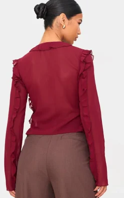 Burgundy Chiffon Ruffle Fitted Tie Front Blouse