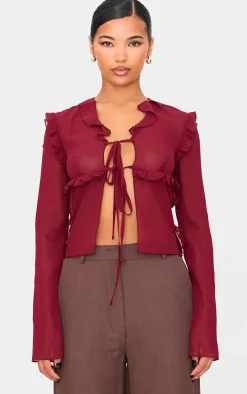 Burgundy Chiffon Ruffle Fitted Tie Front Blouse