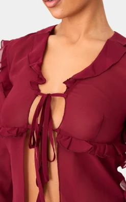 Burgundy Chiffon Ruffle Fitted Tie Front Blouse