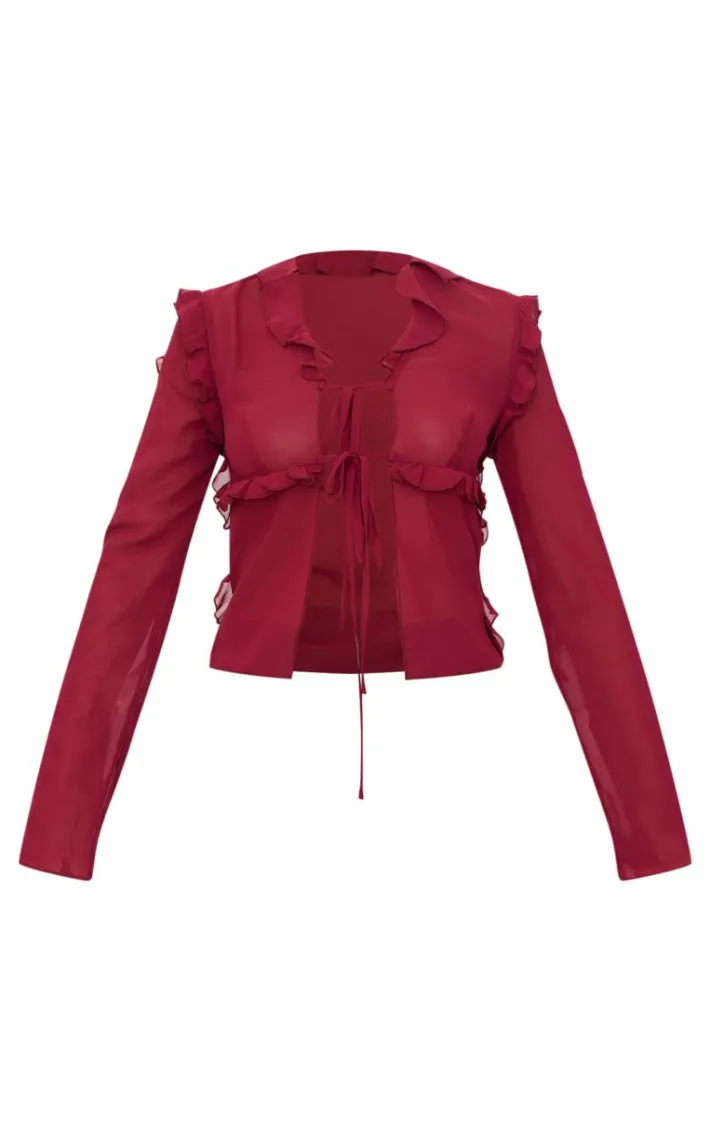 Burgundy Chiffon Ruffle Fitted Tie Front Blouse