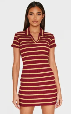 Burgundy Collar Striped Bodycon Dress