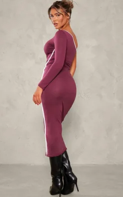 Burgundy Cotton Contrast Seam One Shoulder Midaxi Dress